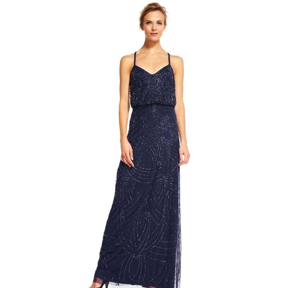 Adrianna Papell Navy Beaded Blouson Gown maxi